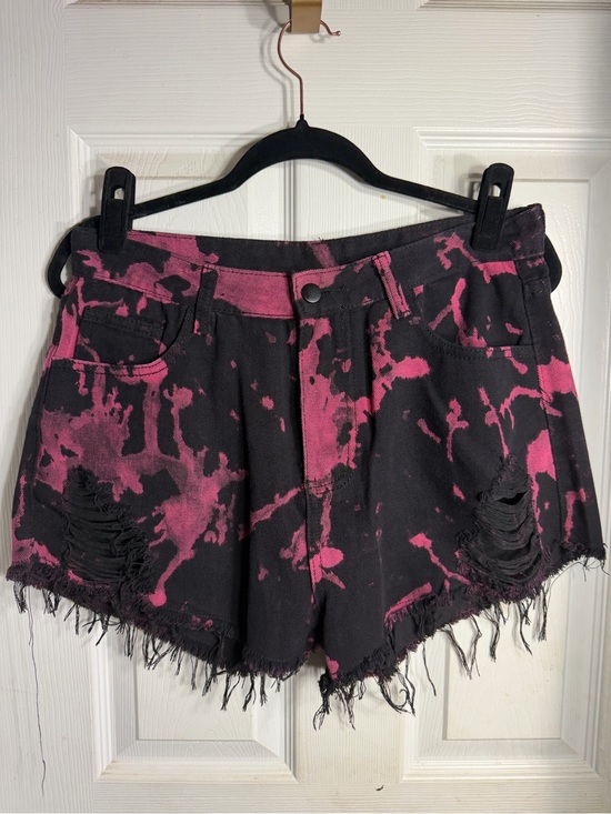 ROMWE Pants - ROMWE Black and Pink Tie-Dye Distressed Denim Shorts - XL - 12